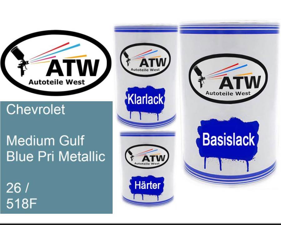 Chevrolet, Medium Gulf Blue Pri Metallic, 26 / 518F: 500ml Lackdose + 500ml Klarlack + 250ml Härter - Set, von ATW Autoteile West.